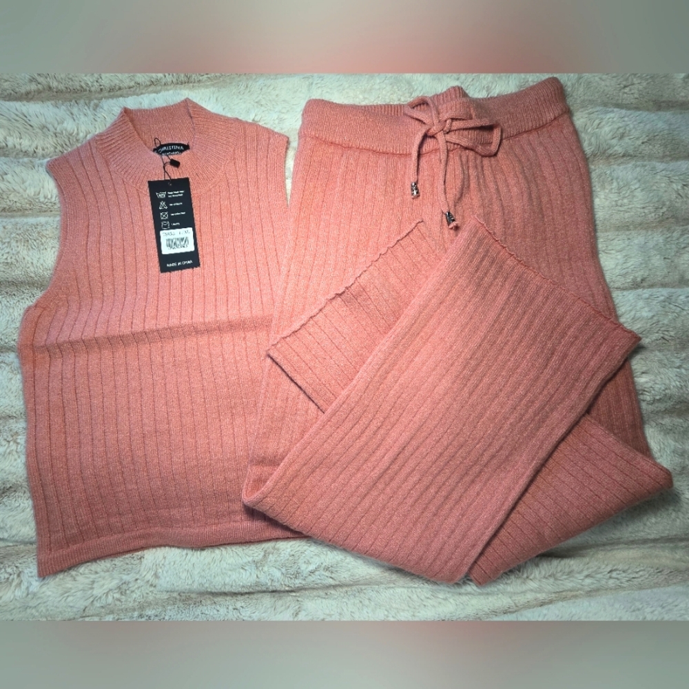 S. CHRISTINA 100% CASHMERE L/XL DARK PINK RIBBED VEST & PANT SET, SUPER SOFT